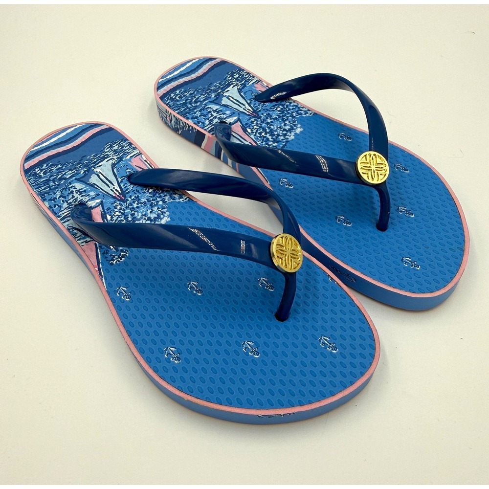Lilly Pulitzer Womens Blue Pink Flip Flop Sandals Logo Slip On 5/6 Resort Beach